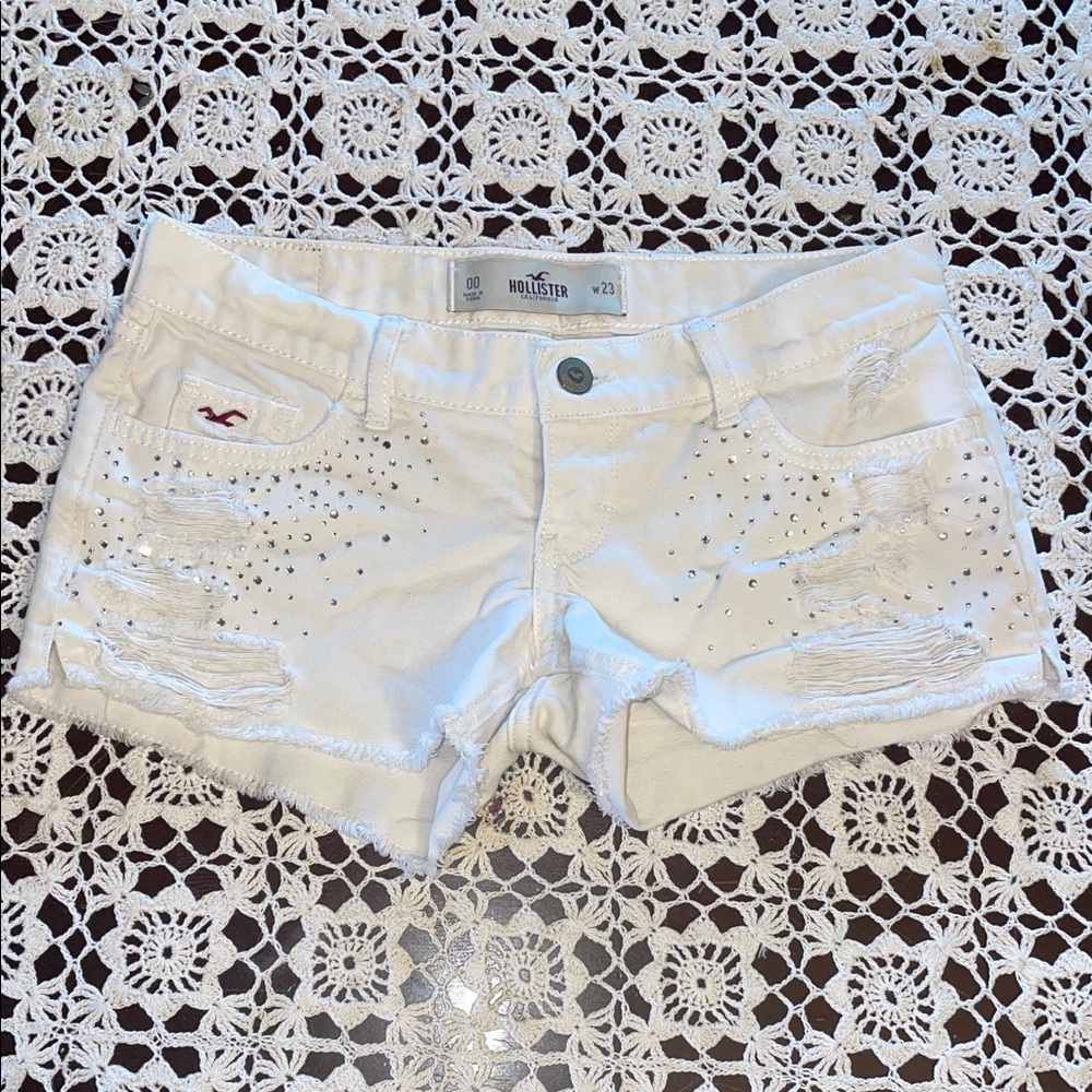Hollister White Distressed Rhinestone-Accent Denim Shorts - Picture 1 of 6